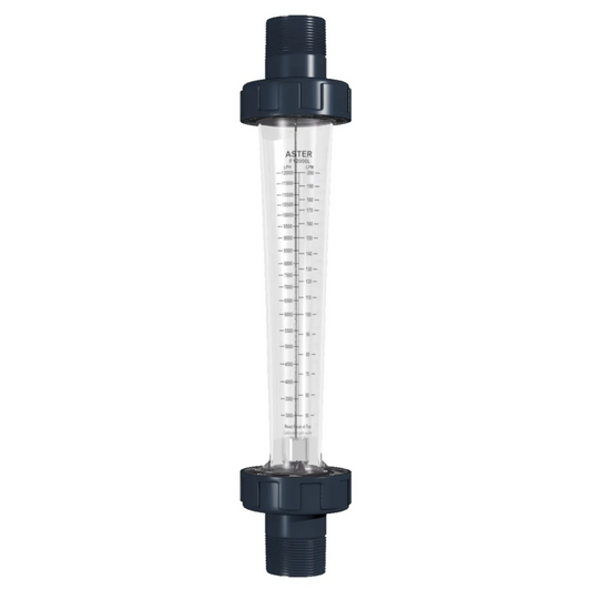 Clear cylindrical filter with black top and bottom on a white background
